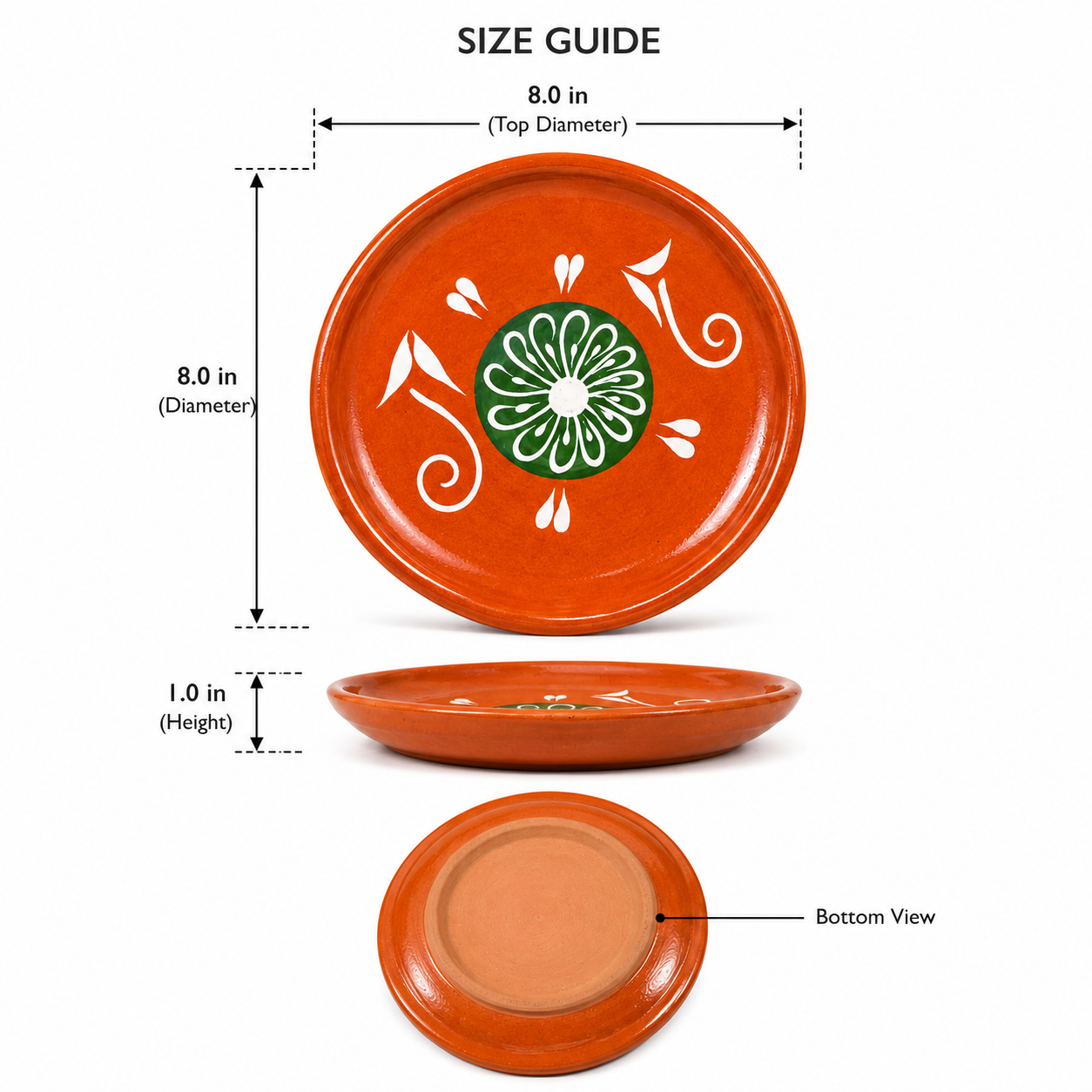 Orange ceramic plate with green floral design and size guide measurements on a white background