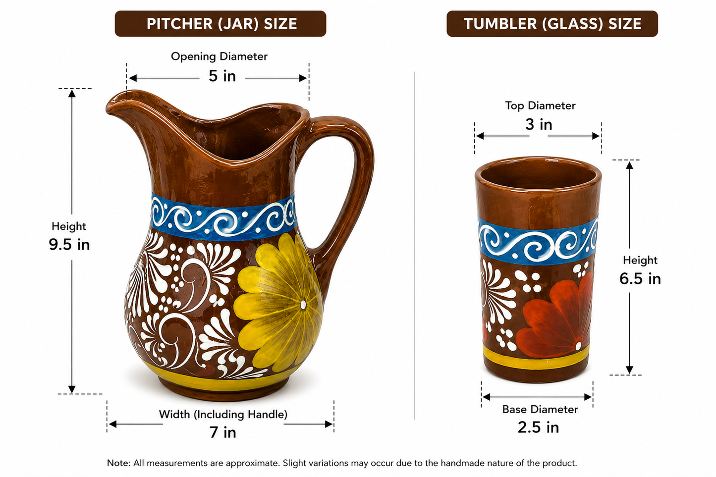 Dimensions of a ceramic pitcher and tumbler with floral designs on a white background