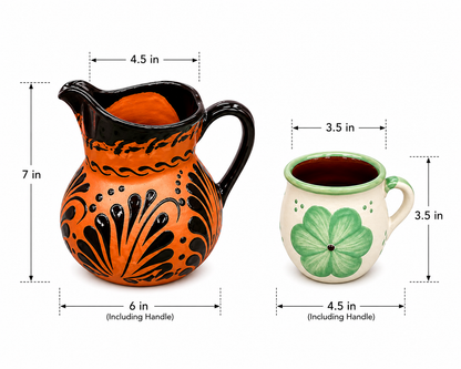 Ceramic pitcher and mug with measurements on a white background