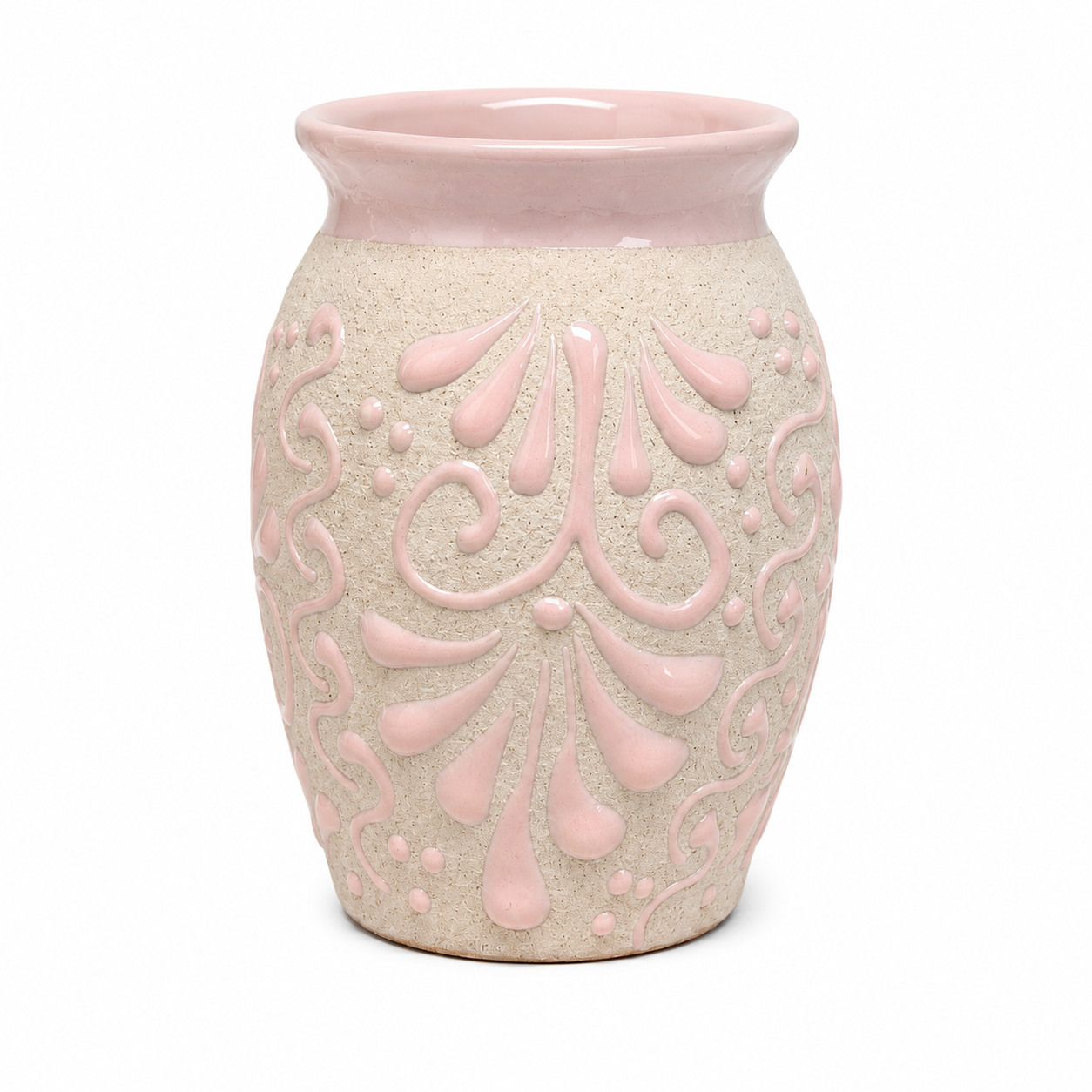 Ceramic vase with pink decorative patterns on a white background