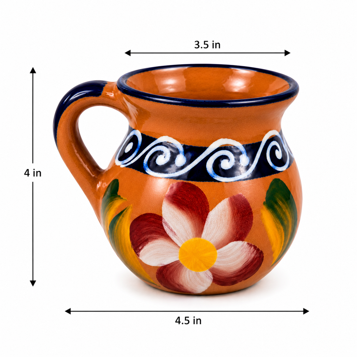 Decorative ceramic mug with floral design and measurements on a white background