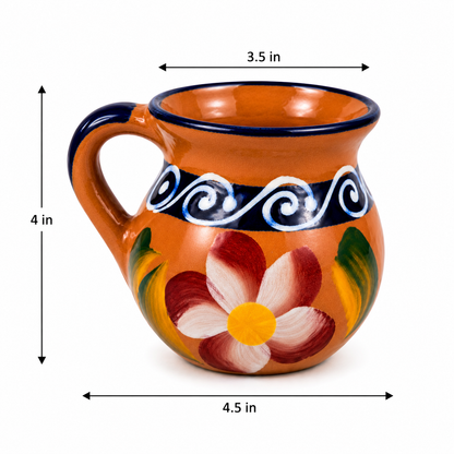 Decorative ceramic mug with floral design and measurements on a white background