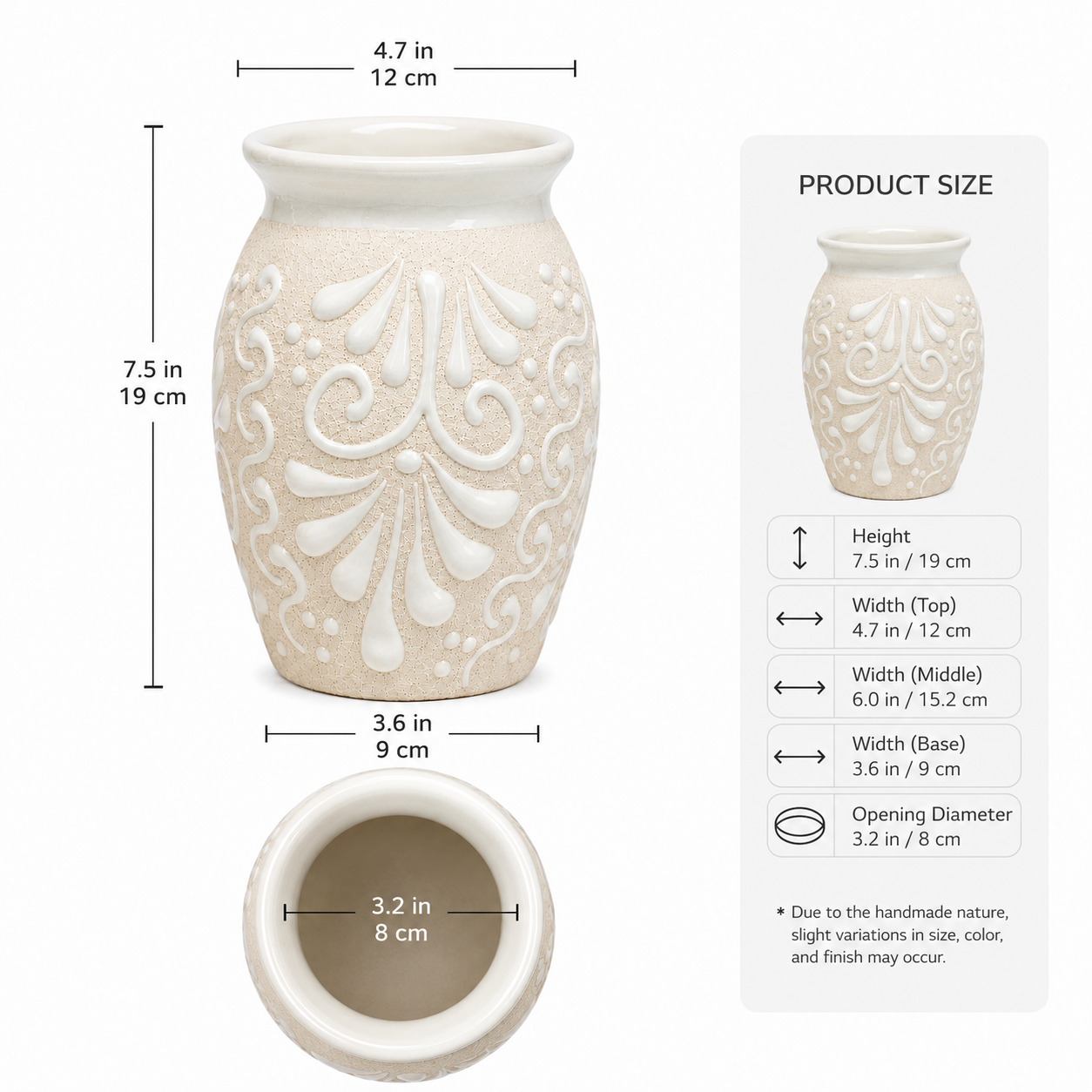 White ceramic vase with decorative patterns, shown with measurements on a white background.