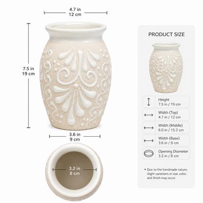 White ceramic vase with decorative patterns, shown with measurements on a white background.