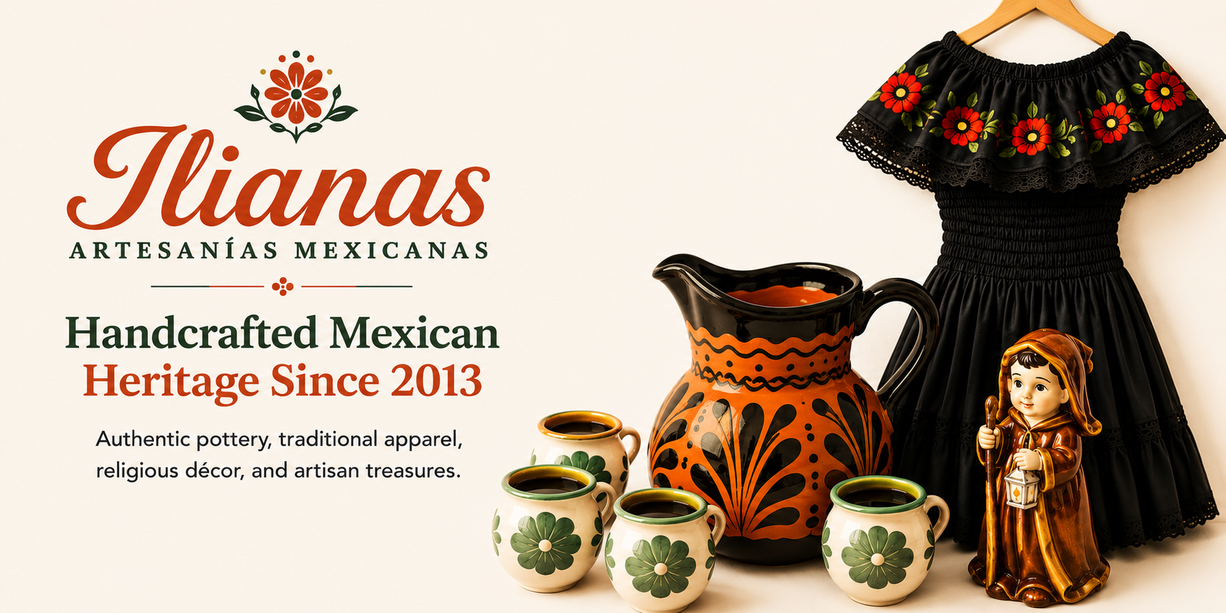 Ilianas Artesanásias Mexicanas display with traditional Mexican pottery, dress, and doll on a white background.