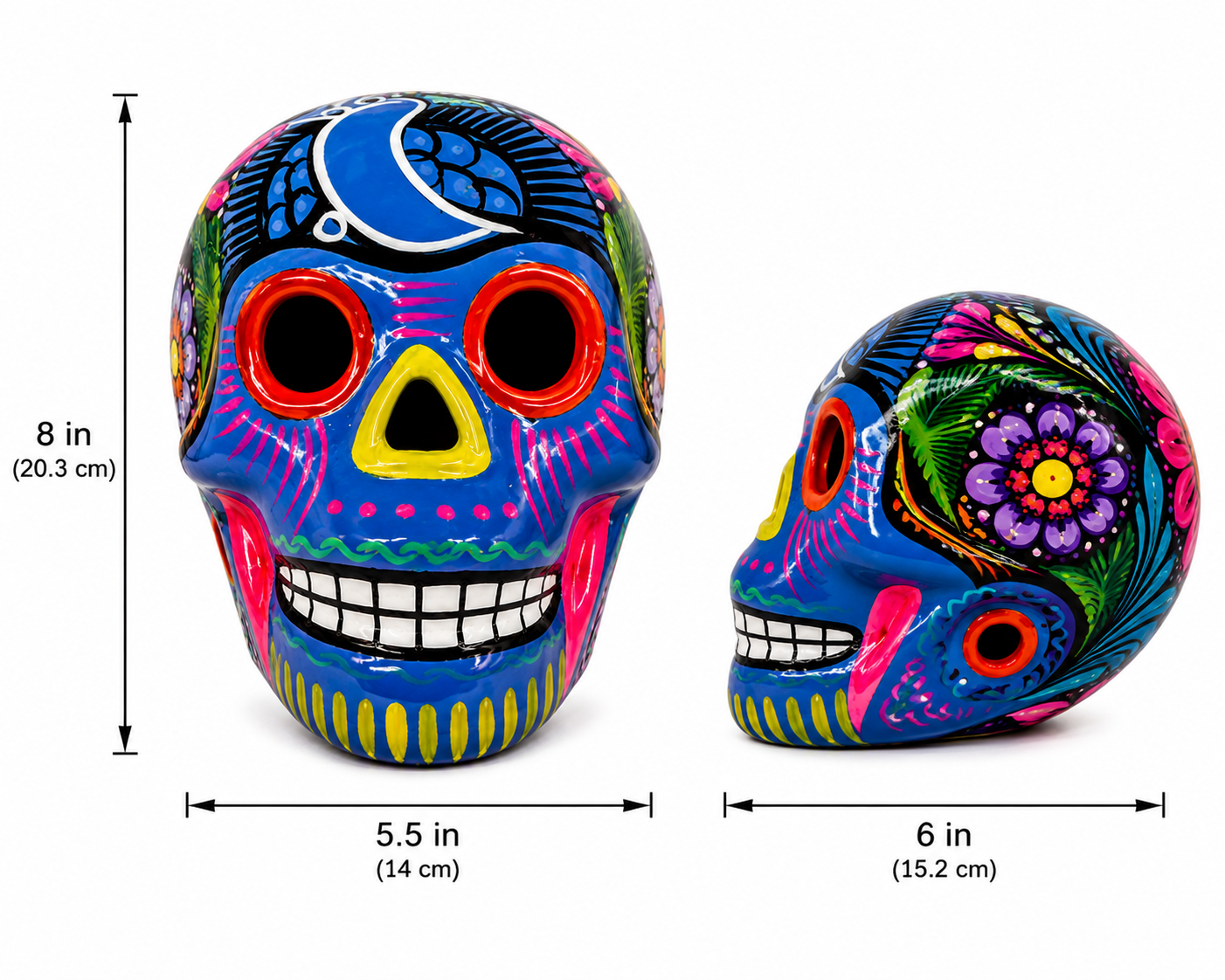 Two colorful skull figurines with measurements on a white background