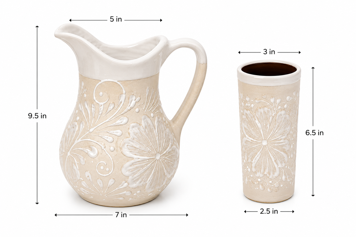 Ceramic pitcher and vase with measurements on a white background