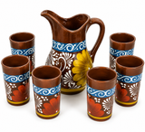 Hand Painted Ceramic Pitcher and 6 Tumbler Drinkware Set