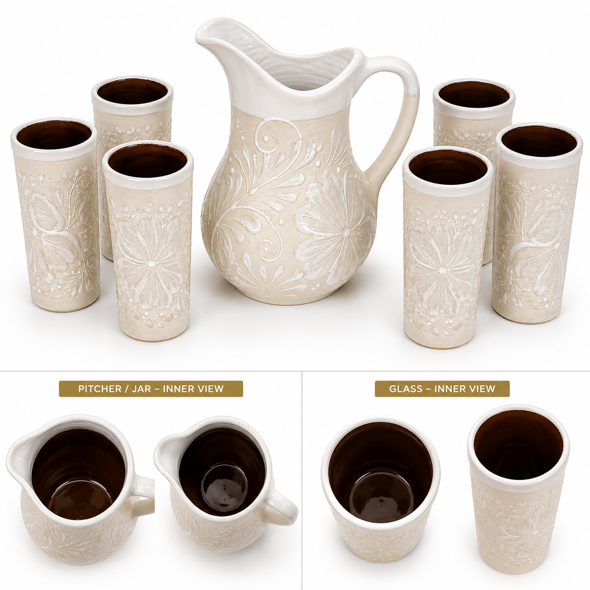 Hand Painted Ceramic Pitcher and 6 Tumbler Drinkware Set