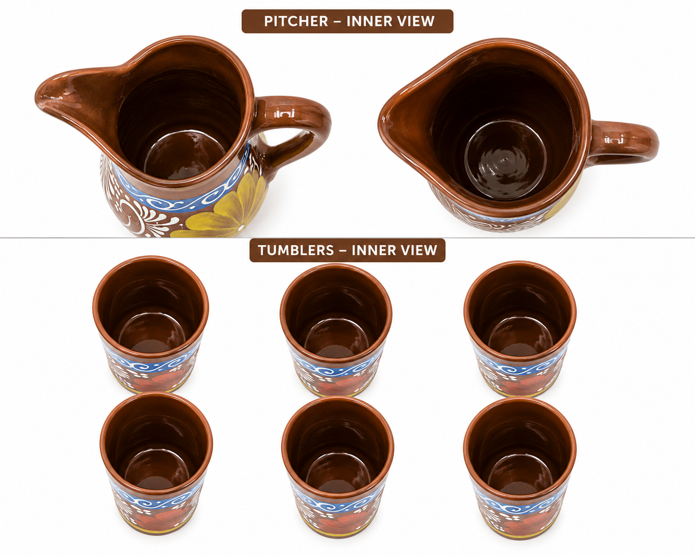 Hand Painted Ceramic Pitcher and 6 Tumbler Drinkware Set