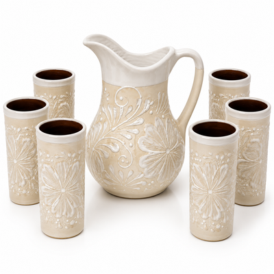 Hand Painted Ceramic Pitcher and 6 Tumbler Drinkware Set