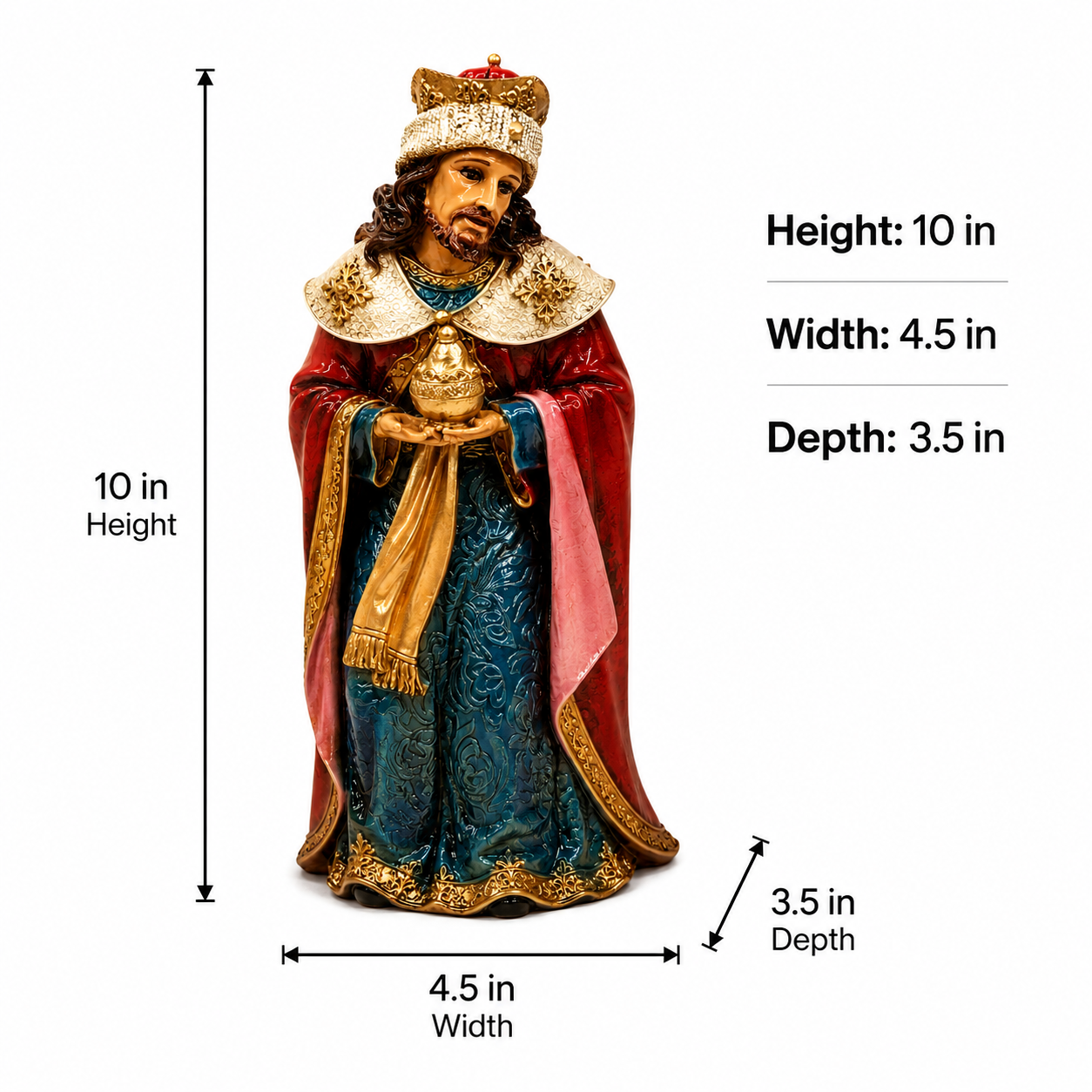 Statue of a king with dimensions labeled on a white background
