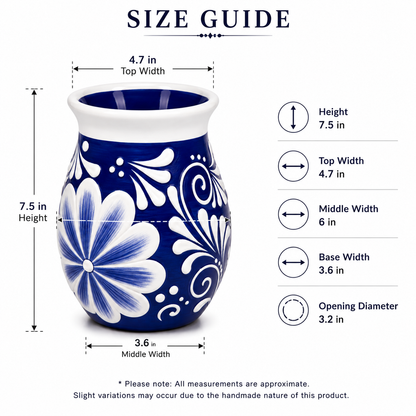 Blue and white floral-patterned vase with size guide measurements on a white background