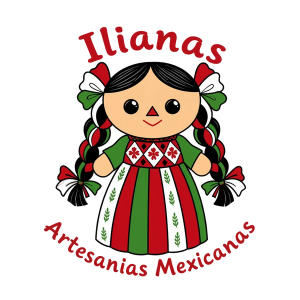 A cartoon-style illustration of a Mexican doll with braided pigtails, wearing a green, red, and white dress, with the text 'Ilianas' at the top and 'Artesanias Mexicanas' at the bottom on a white background.