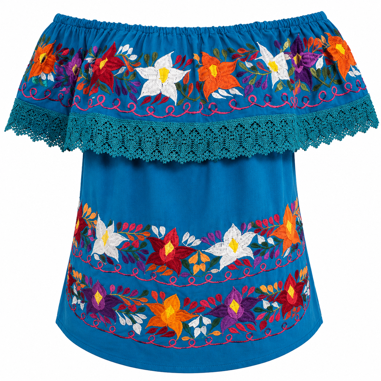 Blue top with colorful floral embroidery on a white background