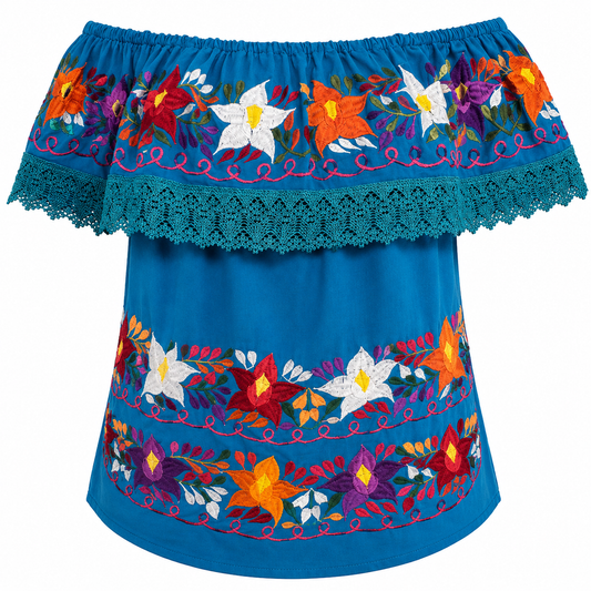 Blue top with colorful floral embroidery on a white background