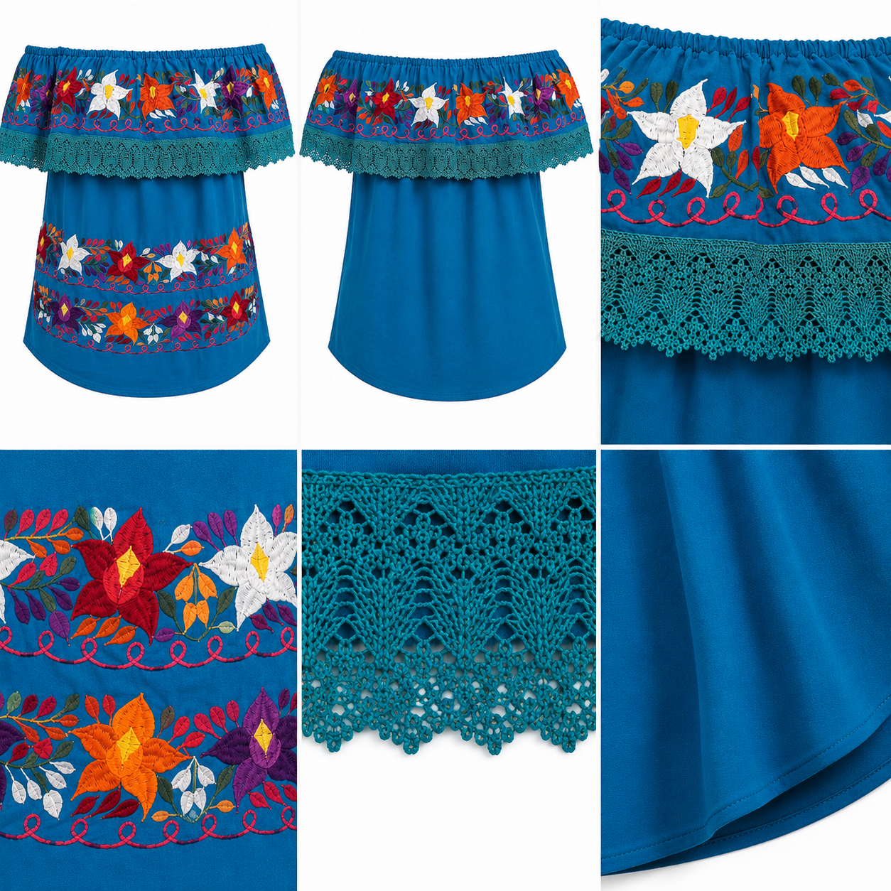 Blue skirt with colorful floral embroidery and lace details on a white background