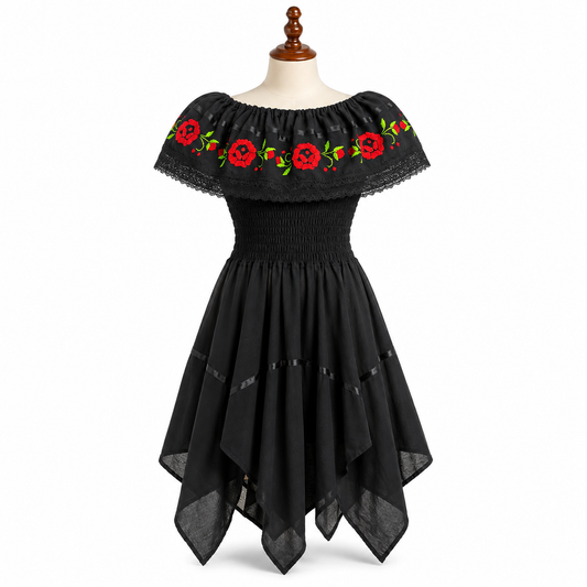 Black dress with red floral embroidery on a mannequin against a white background
