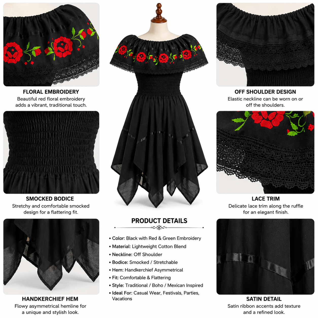 Black Embroidered Off Shoulder Mexican Peasant Dress