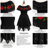 Black Embroidered Off Shoulder Mexican Peasant Dress