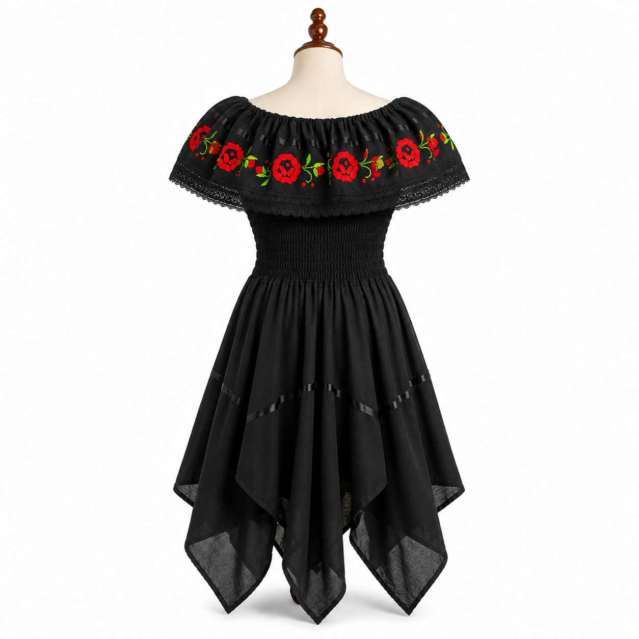 Black dress with red floral embroidery on a mannequin against a white background