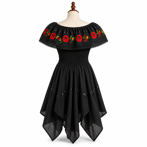 Black Embroidered Off Shoulder Mexican Peasant Dress
