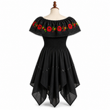 Black Embroidered Off Shoulder Mexican Peasant Dress