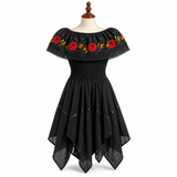 Black Embroidered Off Shoulder Mexican Peasant Dress