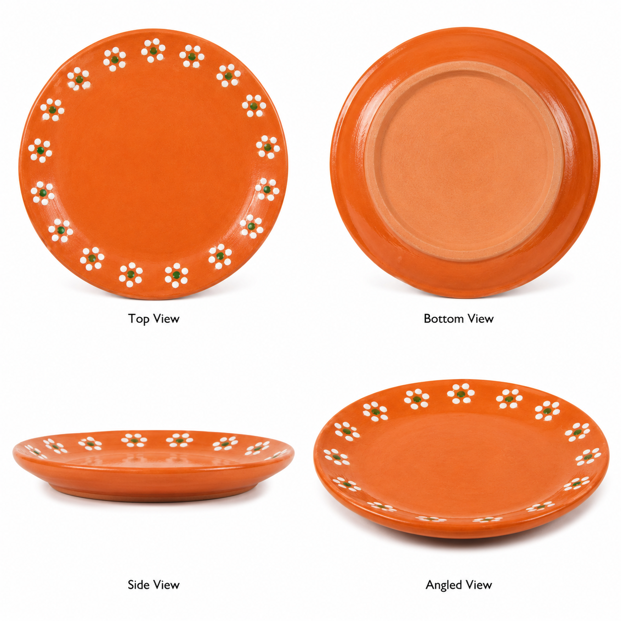 Orange plate with floral patterns shown from top, bottom, side, and angled views on a white background.