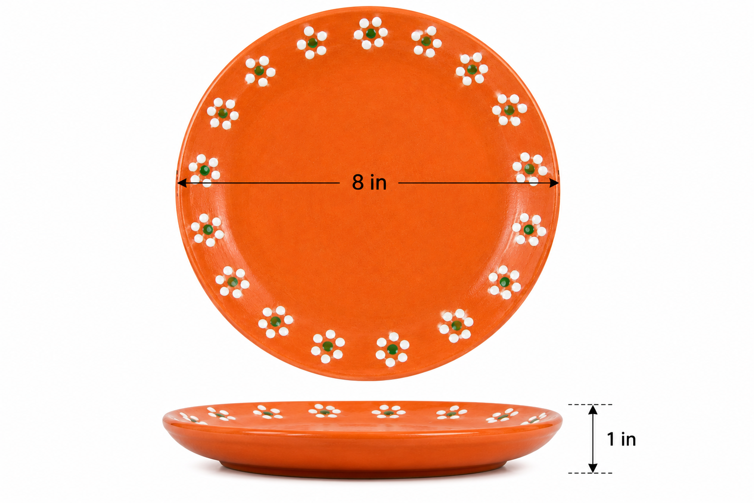 Orange ceramic plate with white floral patterns and measurements on a white background