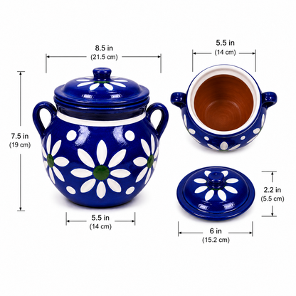 Ceramic jar with floral design and measurements on a white background