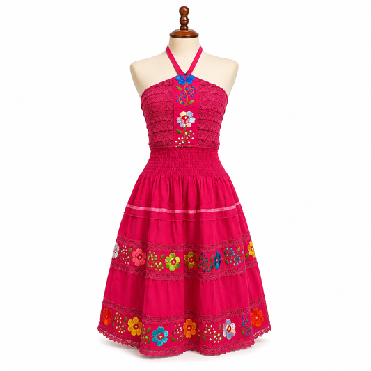 Pink dress with floral embroidery on a mannequin against a white background