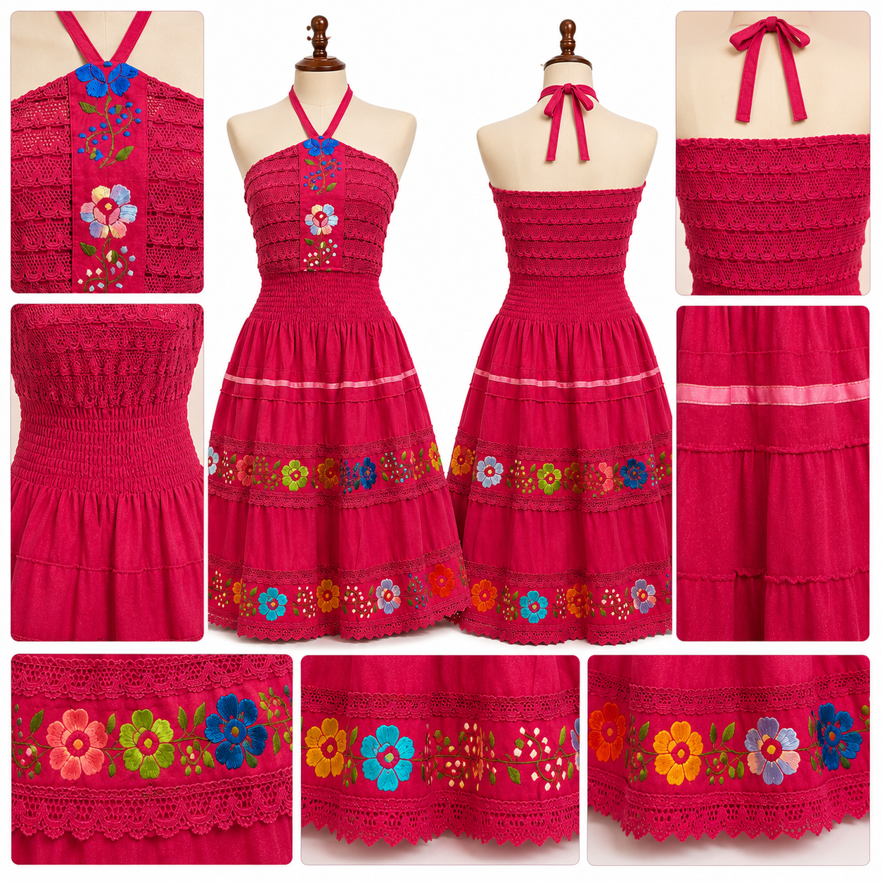 Collage of a red dress with floral embroidery on a white background