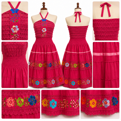Collage of a red dress with floral embroidery on a white background