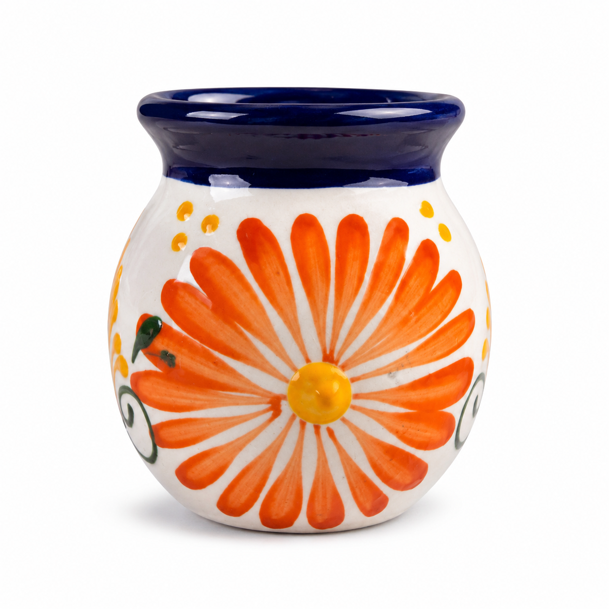 Ceramic oil burner with orange floral design on a white background