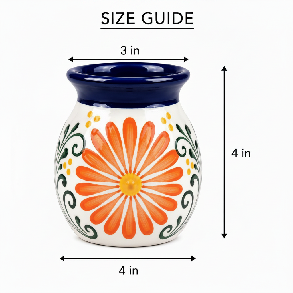 Ceramic oil burner with floral design and size guide measurements on a white background