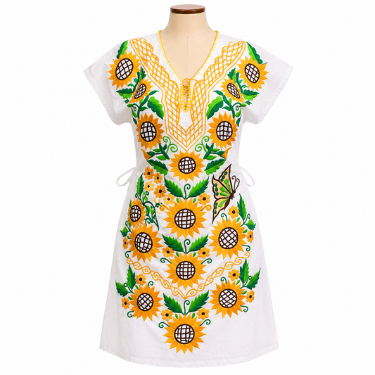White dress with sunflower pattern on a mannequin against a white background