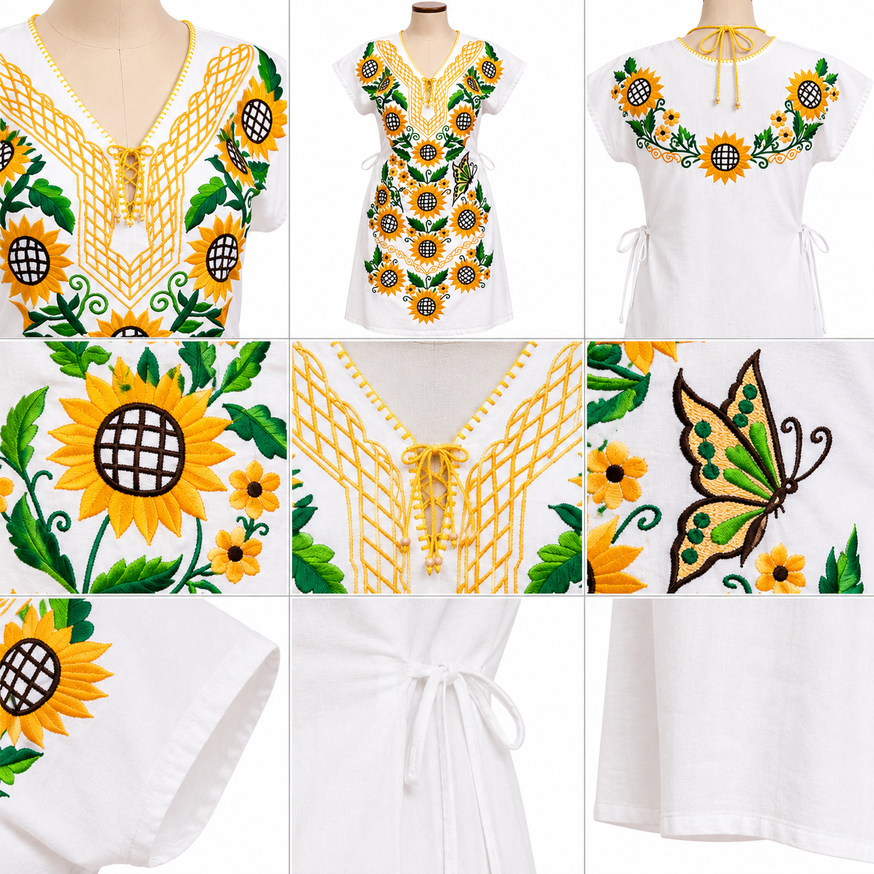 White tops with sunflower and butterfly embroidery on a white background