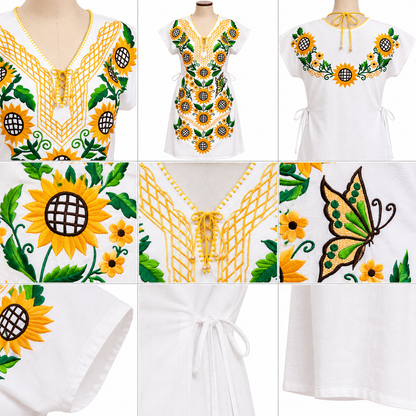 White tops with sunflower and butterfly embroidery on a white background