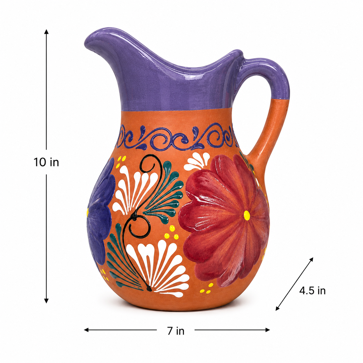 Colorful ceramic pitcher with floral designs and measurements on a white background
