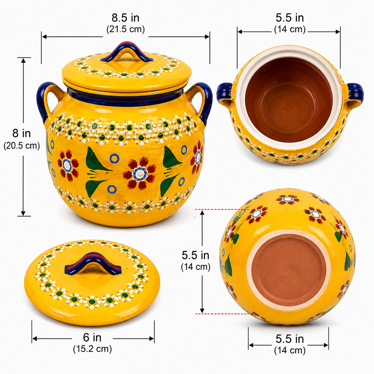 Yellow ceramic pot with floral patterns and dimensions displayed