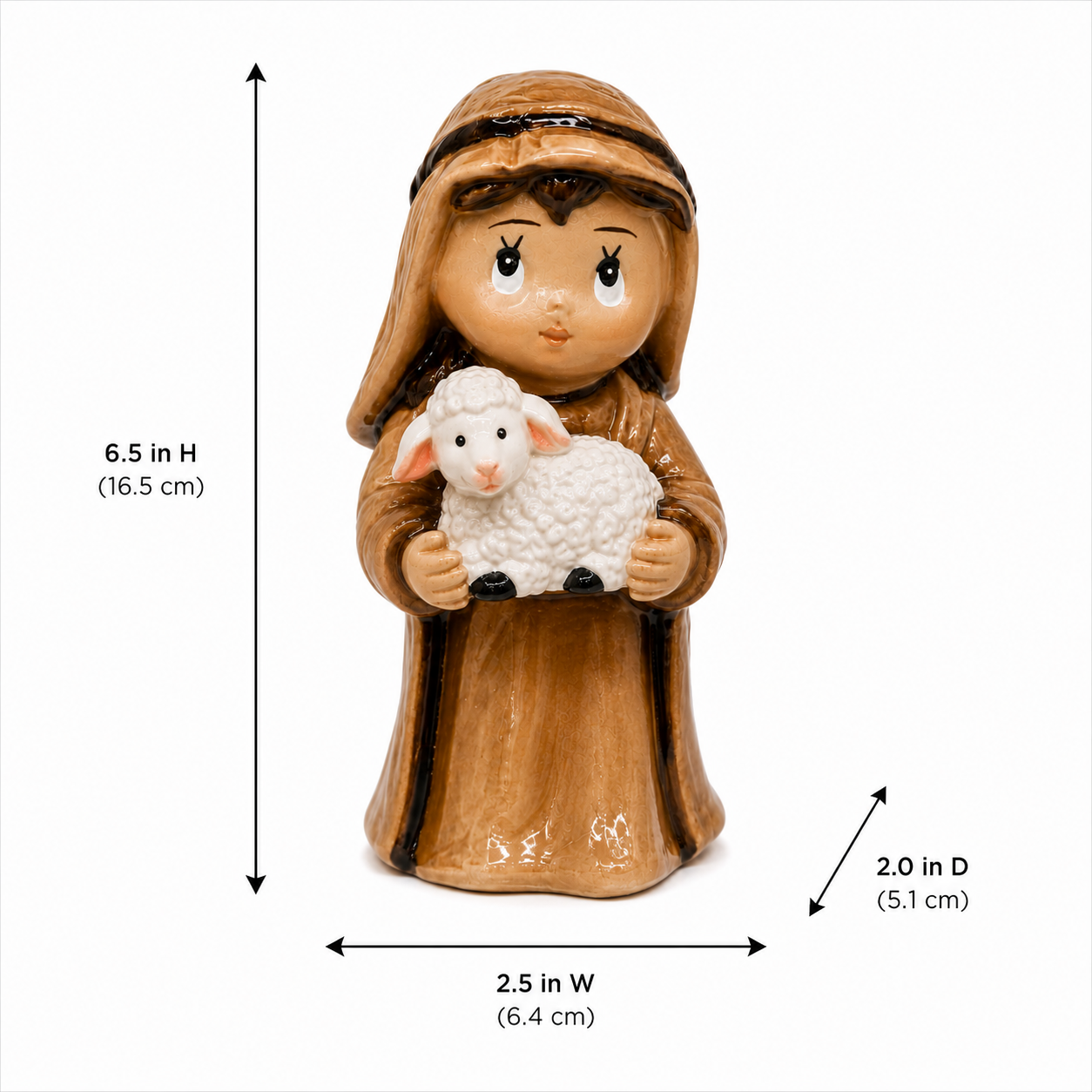 A small figurine of a woman holding a white lamb, shown on a white background with dimension arrows and labels indicating height 6.5 in (16.
